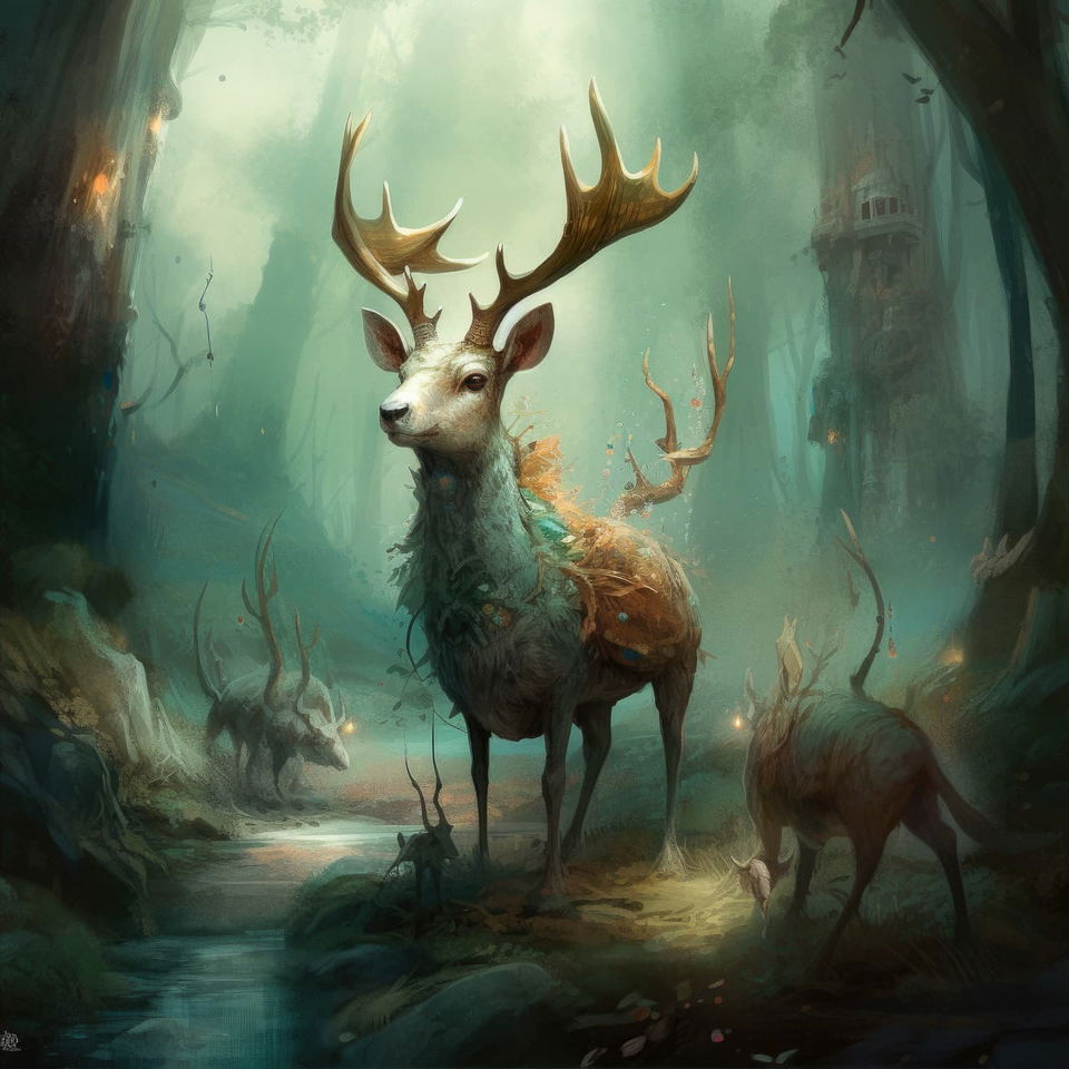 Antlered deer in an enchanted woodland, digital painting with teal, white and bronze tones, Midjourney V5
