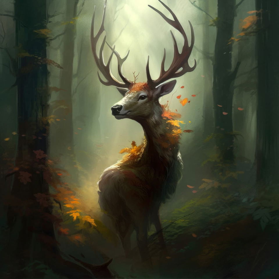 Antlered deer in a forest, fantasy digital painting with muted green light and autumn accents, Midjourney V5