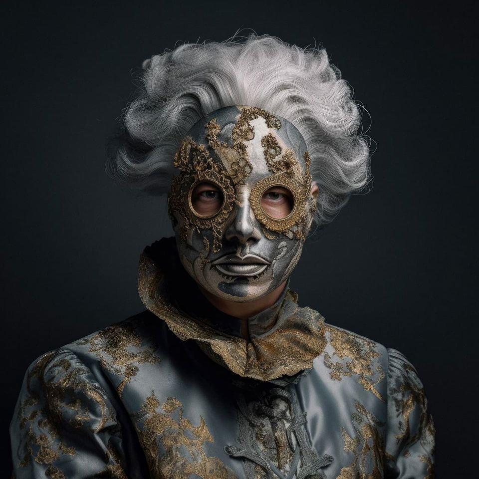 Masked female portrait in ornate metallic costume, dark palette and dramatic light, Midjourney V5