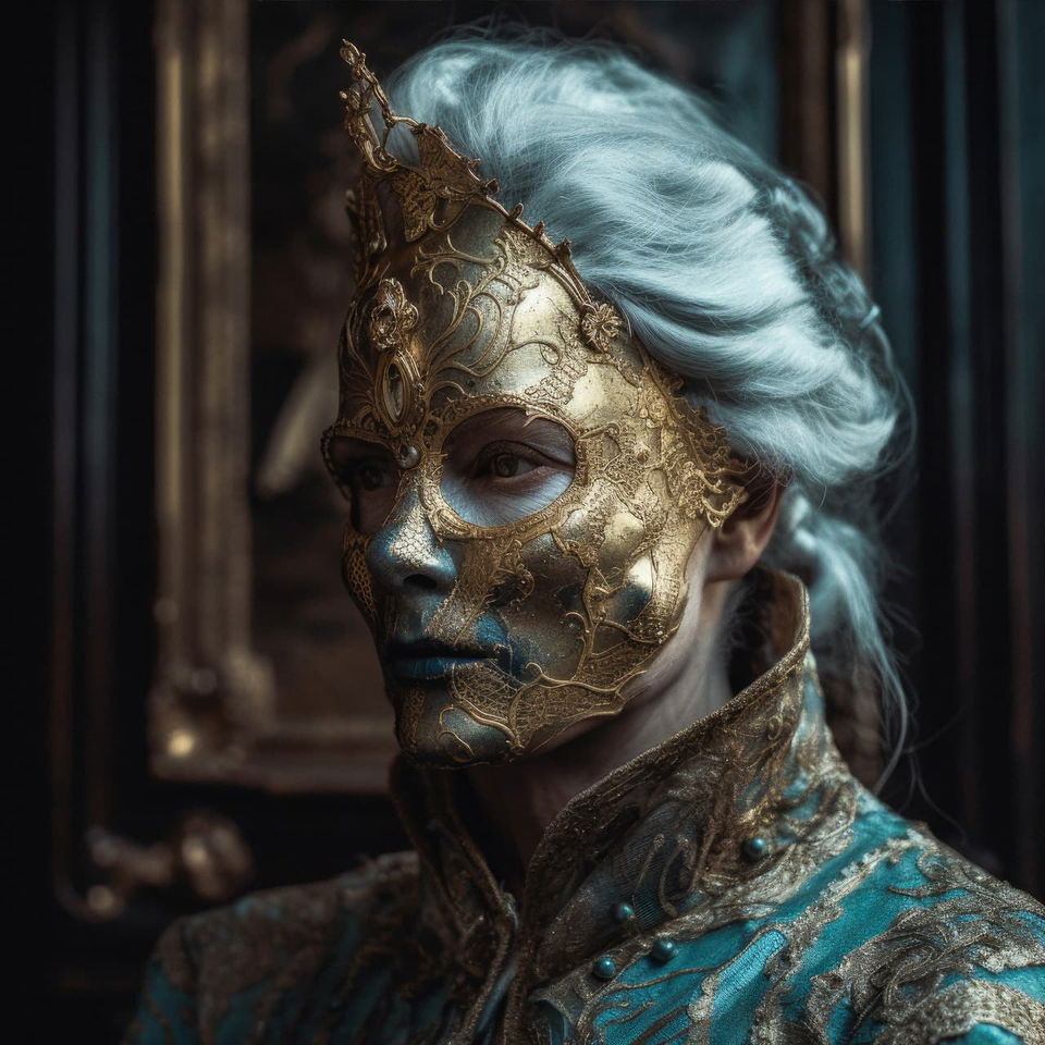 Masked cyborg woman in ornate baroque costume, metallic gold and turquoise, dramatic dim light, Midjourney V5