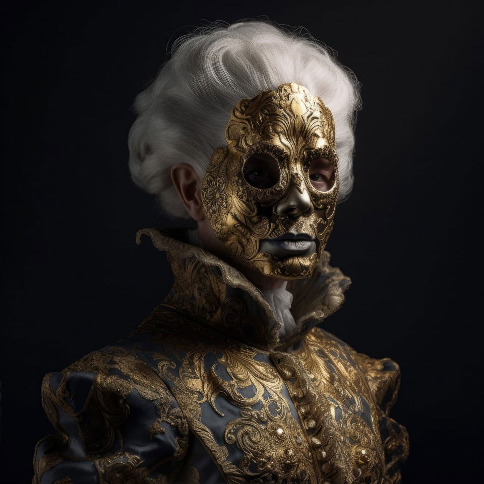 Woman in an ornate gold mask and costume, hyper-detailed, darkly lit in bronze and cyan tones, Midjourney V5