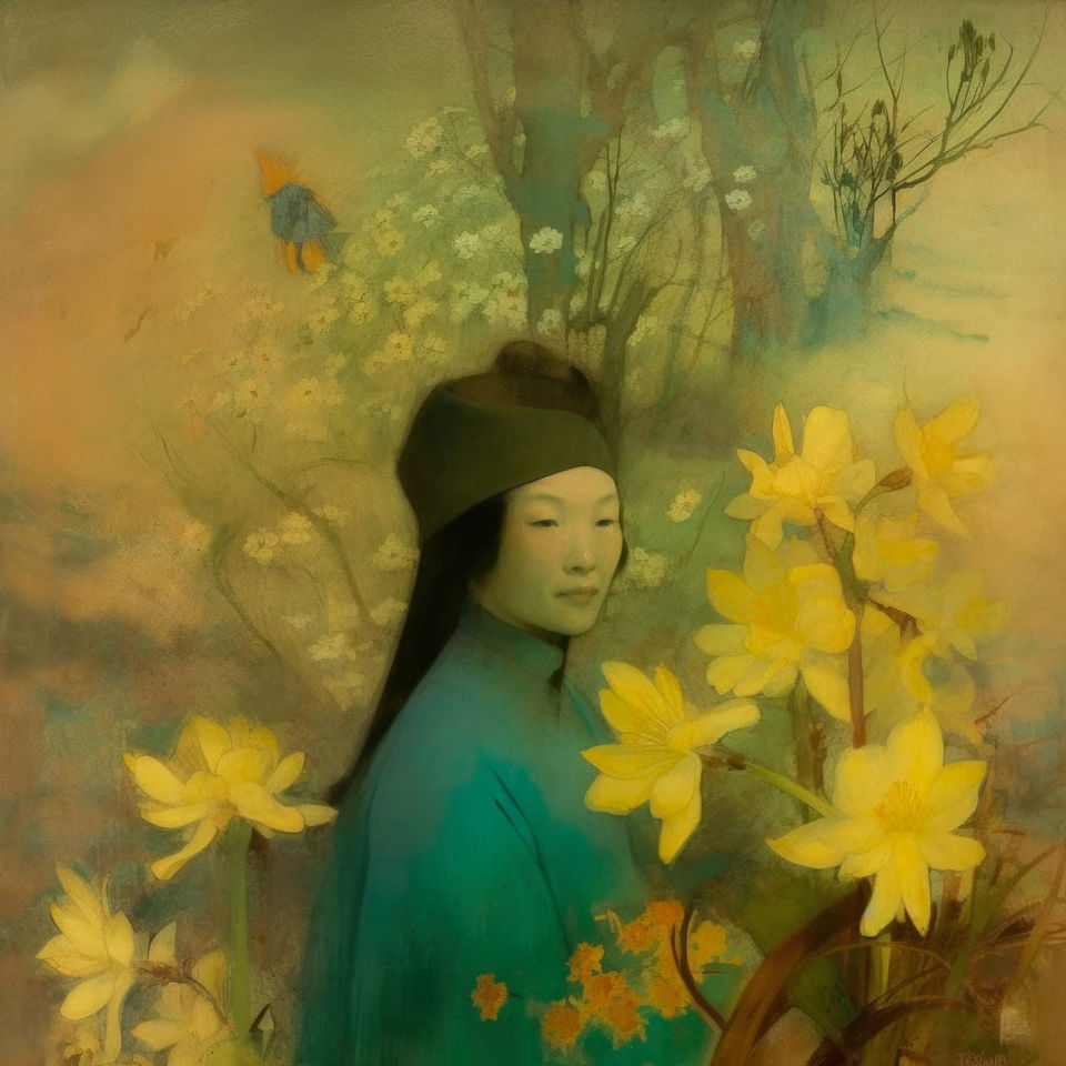 Woman among spring flowers, in the style of Tyrus Wong, muted watercolor palette, Midjourney V5