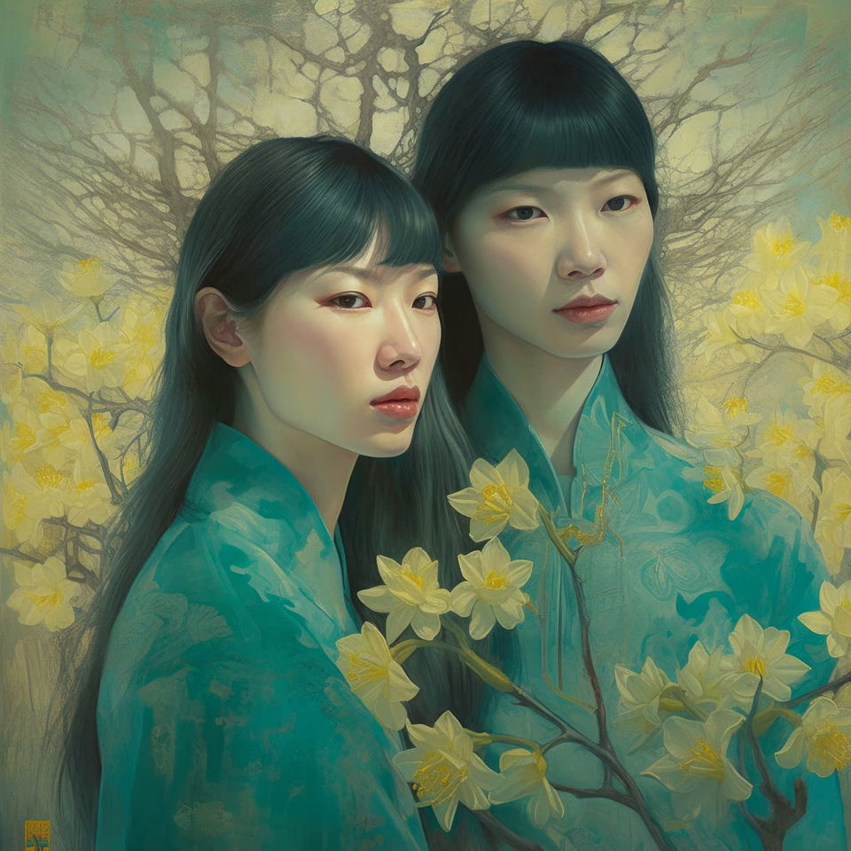 Two Chinese women among daffodils, rendered as a soft, dreamy teal-and-gold portrait, Midjourney V5