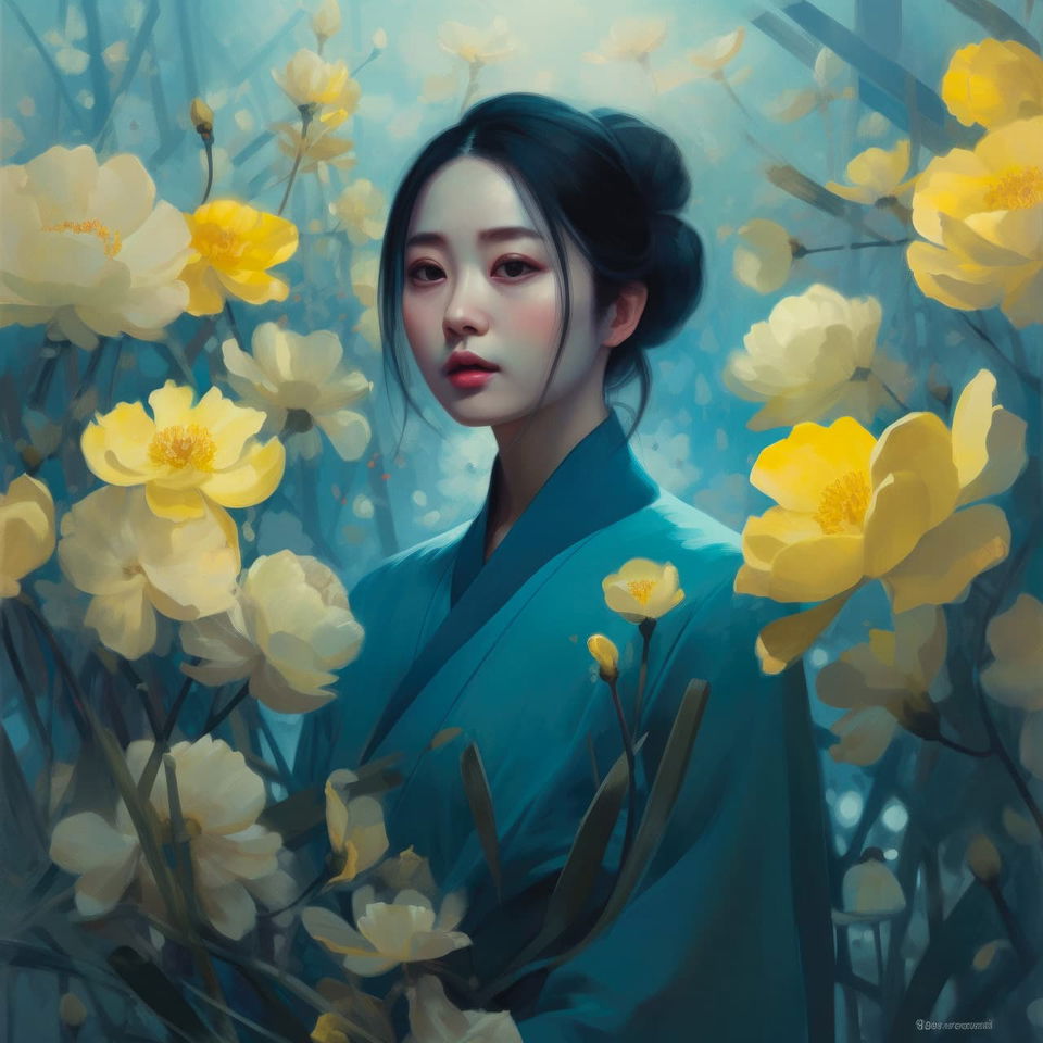 Vietnamese woman surrounded by flowers, soft figurative painting in yellow, blue and cyan tones, Midjourney V5
