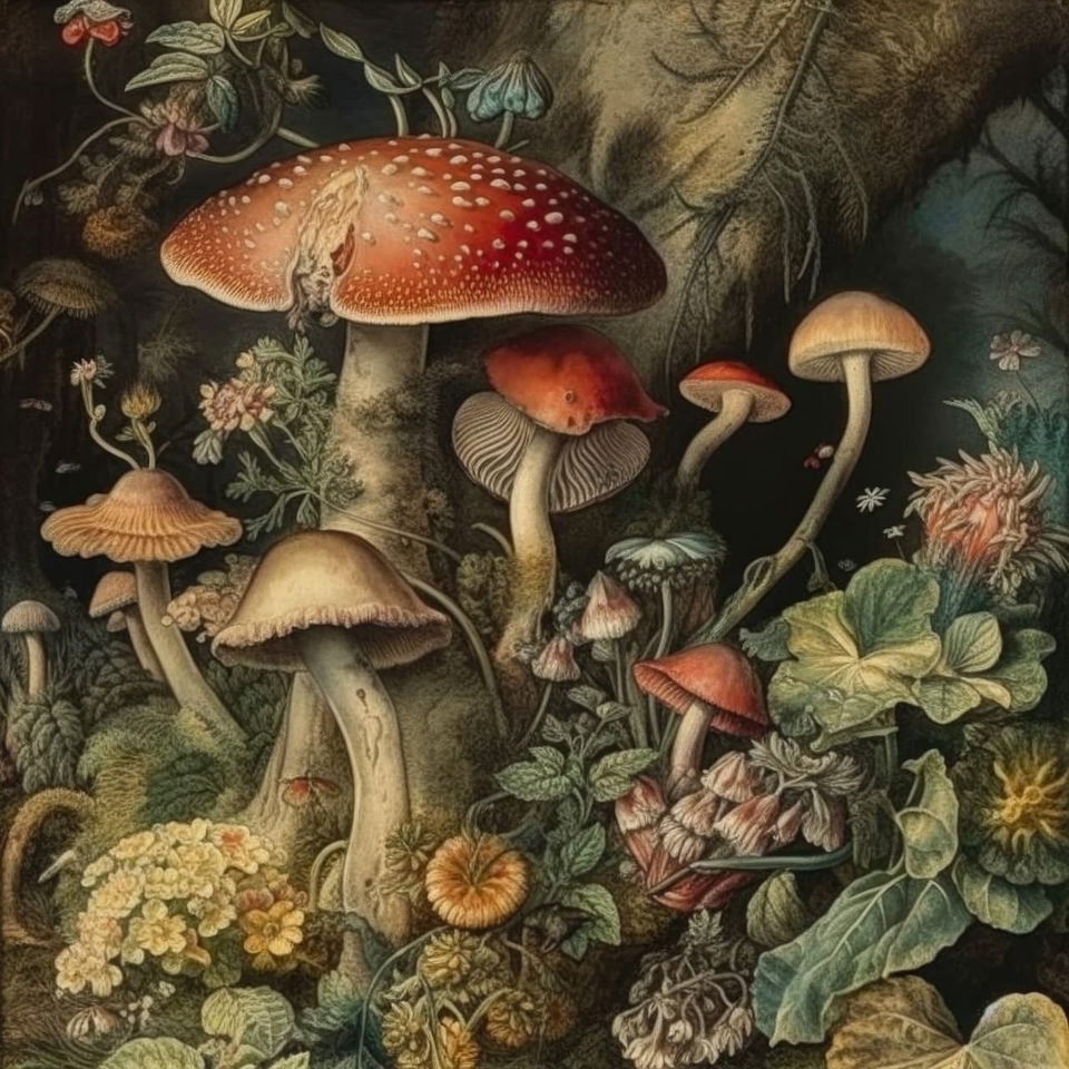 Close-up magical mushrooms and flowers in a detailed muted botanical engraving style, Midjourney V5