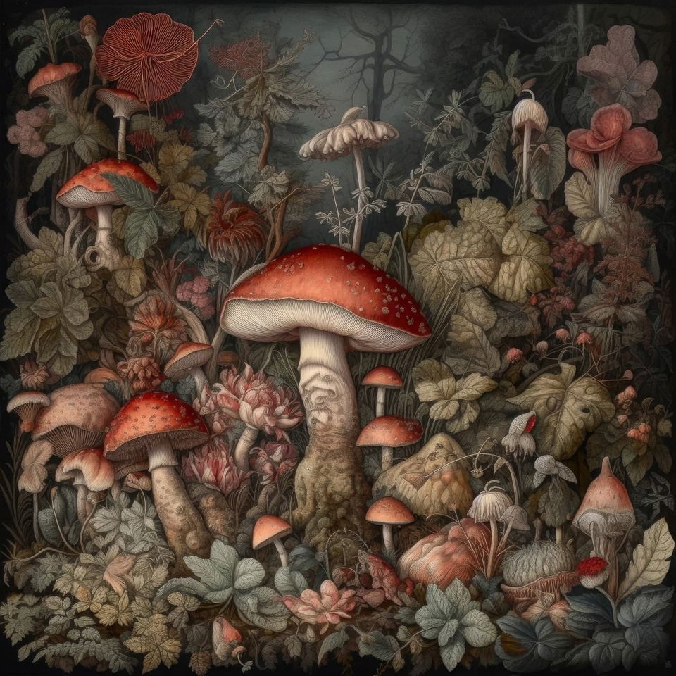 Different colored mushrooms amid dense foliage, Midjourney V5