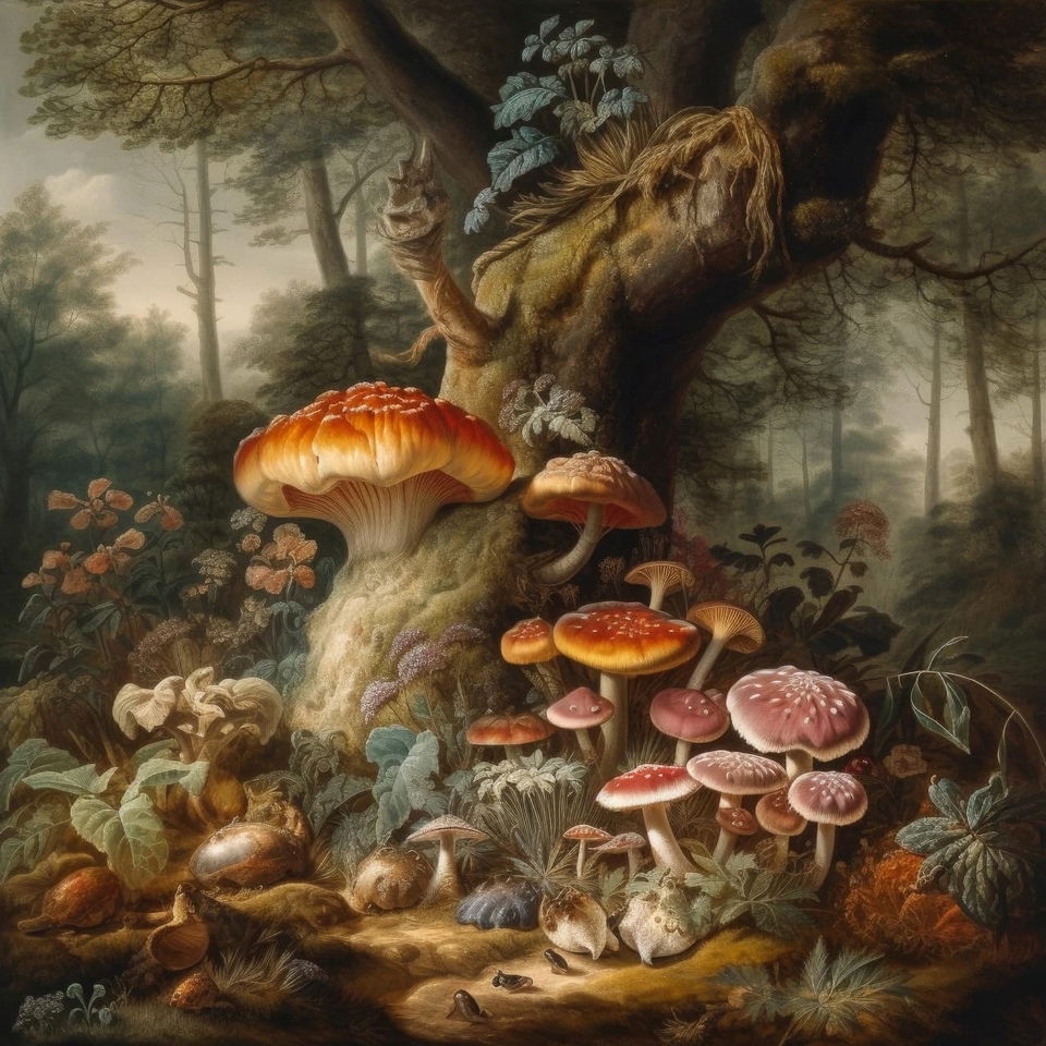 Mushrooms and plants beneath a gnarled tree, in warm, softly lit naturalist magic realism, Midjourney V5