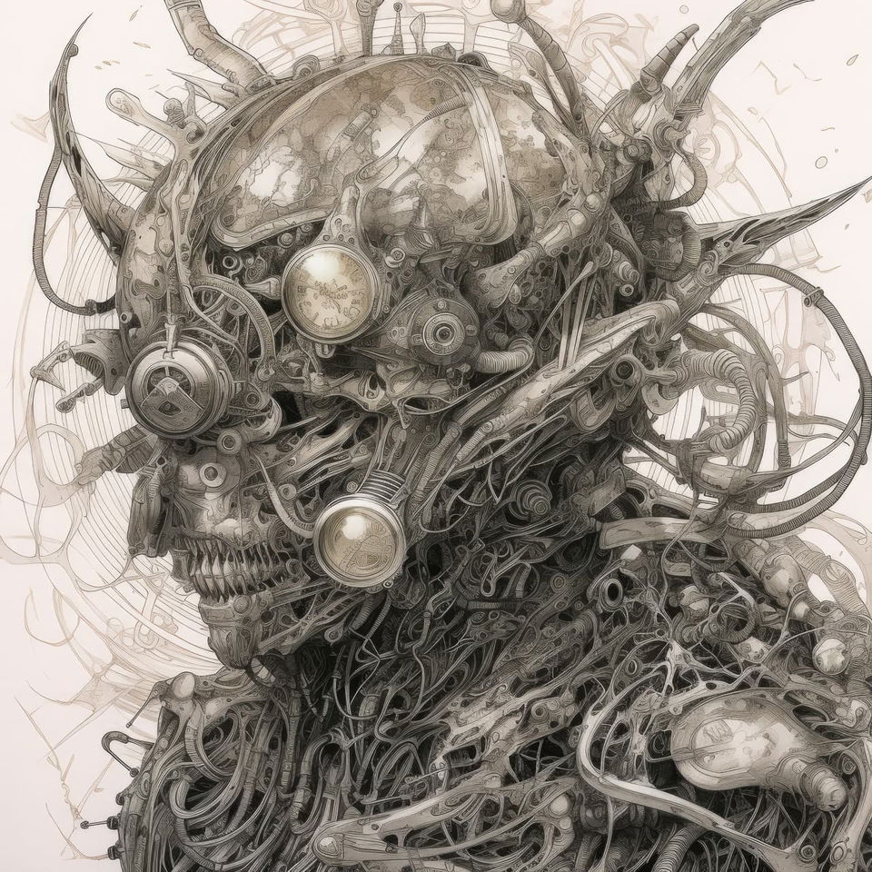 Intricate biopunk mask in the style of Tsutomu Nihei and Kris Kuksi, monochrome mechanical linework, Midjourney V5