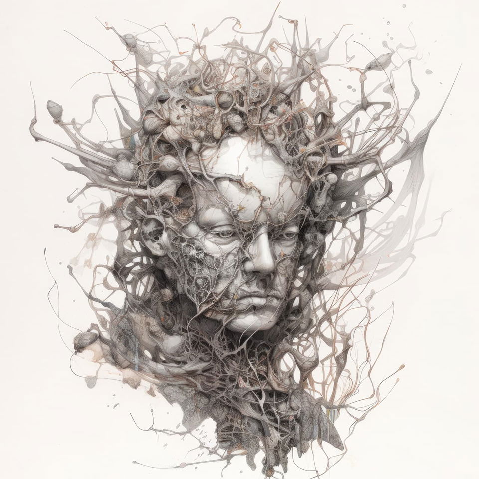 Abstract human head entwined with a spider and vines, rendered in intricate monochrome linework, Midjourney V5