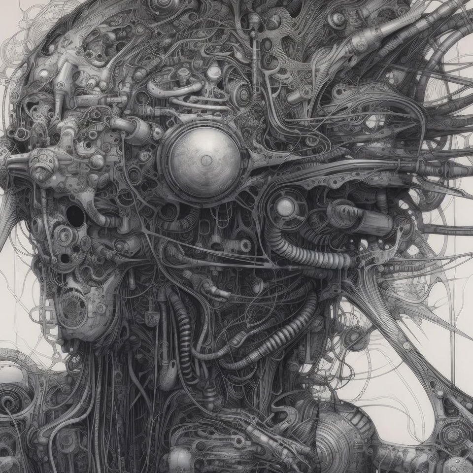 Robot head covered in intricate wiring, rendered as a detailed monochrome mechanical drawing, Midjourney V5