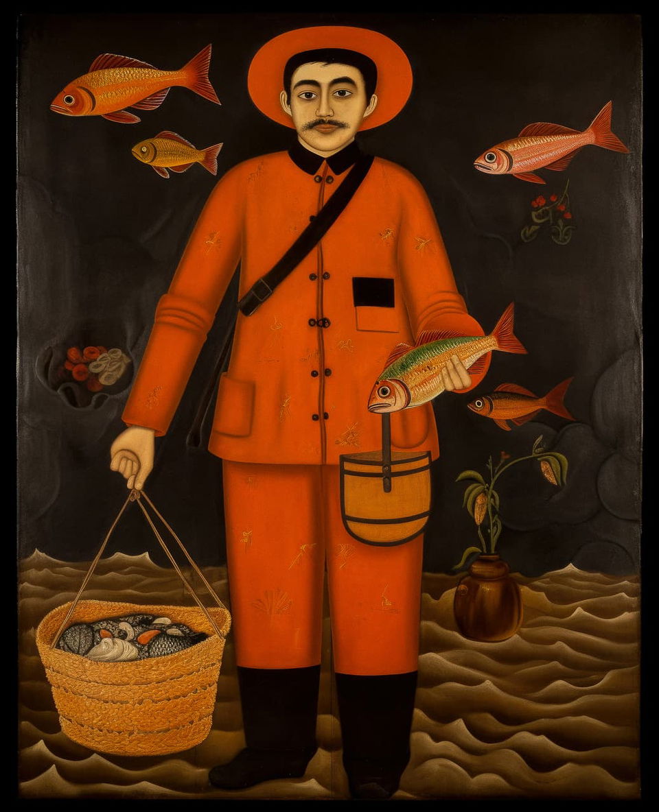 Man holding a fishing basket, folkloric naive painting in dark orange and black with flat light, Midjourney V5