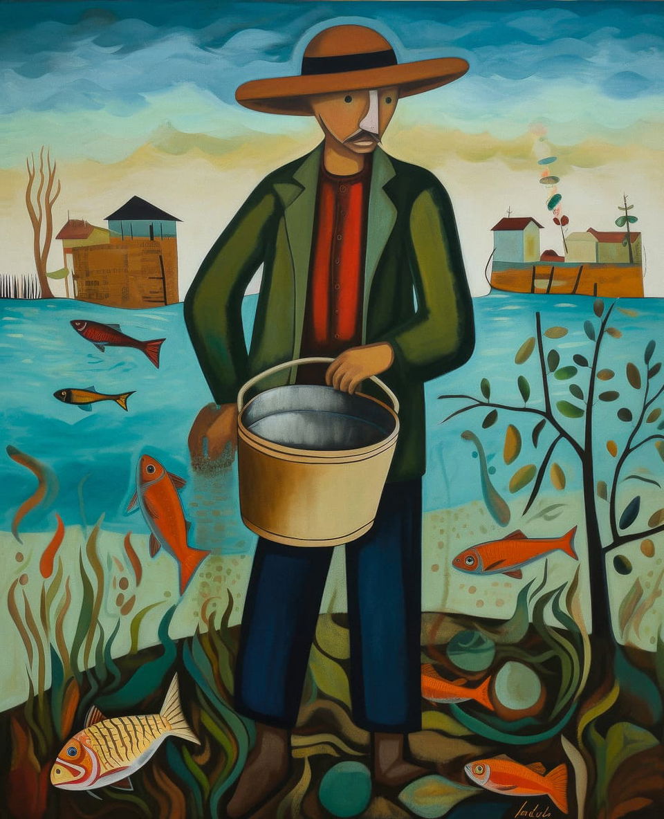 Fisherman holding a bucket, rendered in folk-art painting with vivid turquoise water and bold light, Midjourney V5
