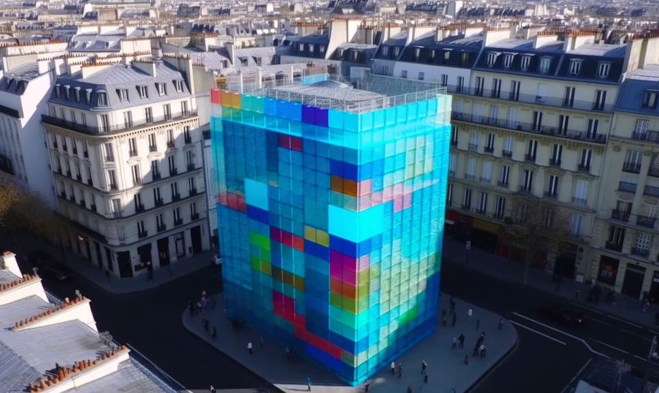 Paris building wrapped in a colorful 3D grid, aerial view with turquoise-indigo street-art styling, Midjourney V5