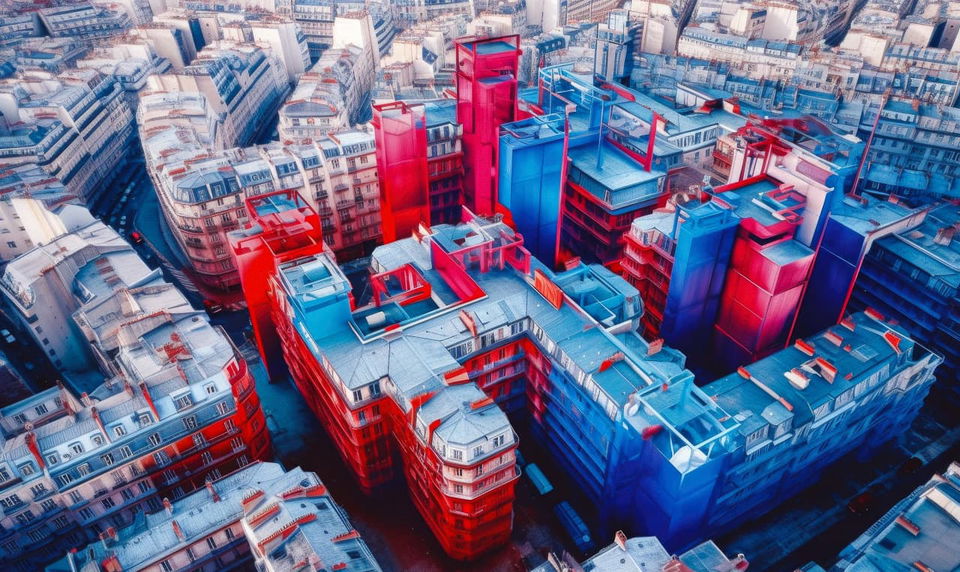 Aerial Paris cityscape with Haussmann buildings and colorful towers, Midjourney V5