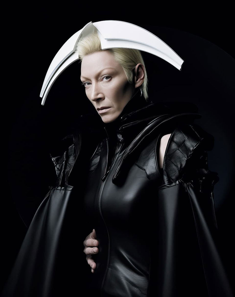 Pale woman in black cyborg couture with a white pointed headdress, dramatic studio lighting, Midjourney V5