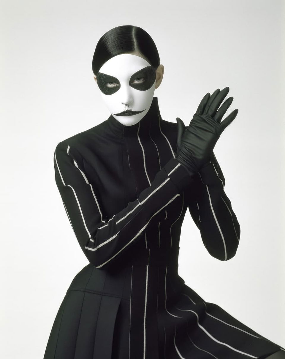 Masked woman in black gloves and outfit, stark monochrome portrait with elongated geometric lines, Midjourney V5