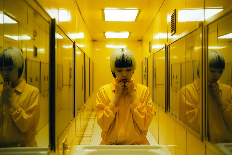 Crying woman in a mirrored room, cinematic yellow lighting and stock-photo realism, Midjourney V5