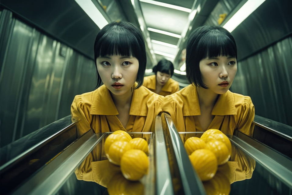 Two women riding an escalator with yellow fruit, cinematic green-and-gold movie still, Midjourney V5