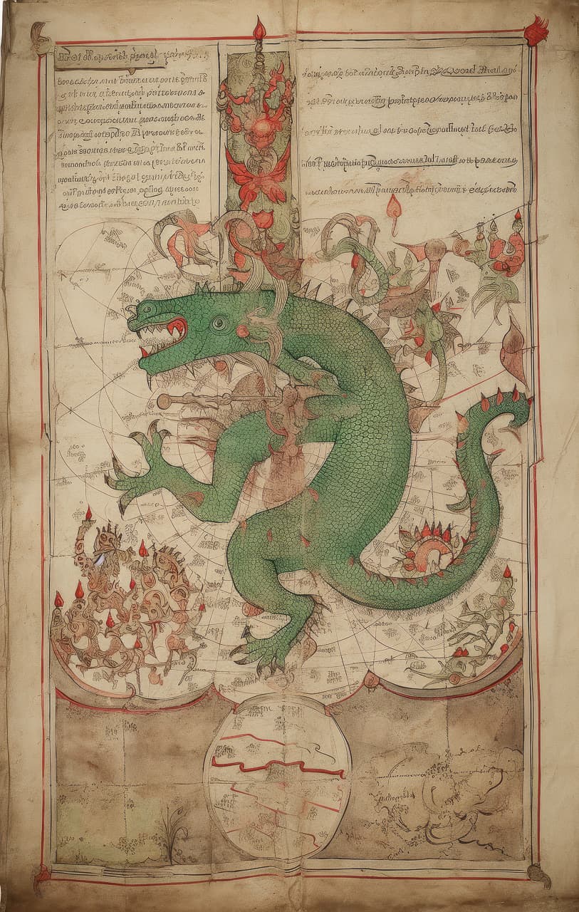 Green dragon in a medieval manuscript sketch, with red accents, alchemical symbols, Midjourney V5