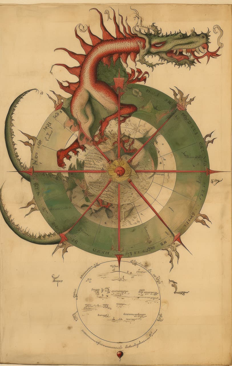 Dragon curled around an occult diagram, in muted medieval color illustration with parchment tones, Midjourney V5