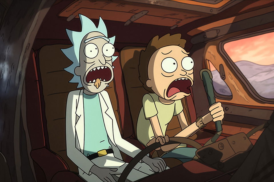 Rick and Morty piloting a space vehicle in animated cartoon style, Midjourney V5