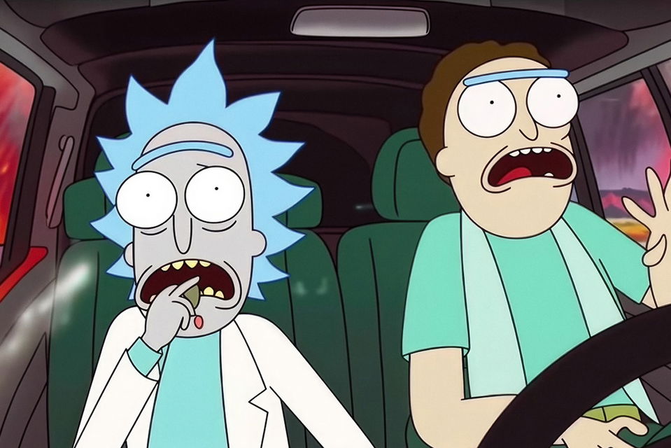 Rick and Morty characters inside a car, cartoon with bold outlines and bright colors, Midjourney V5