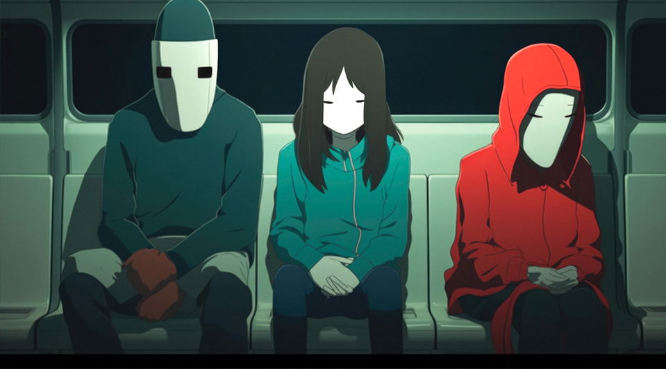 Faceless girl between two people on a train, anime-influenced movie still in emerald and cyan, Midjourney V5