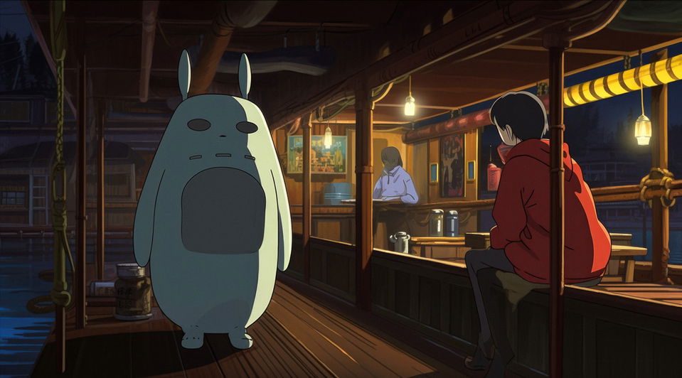 Anime characters aboard a warmly lit boat at night, in the style of Miyazaki, Midjourney V5