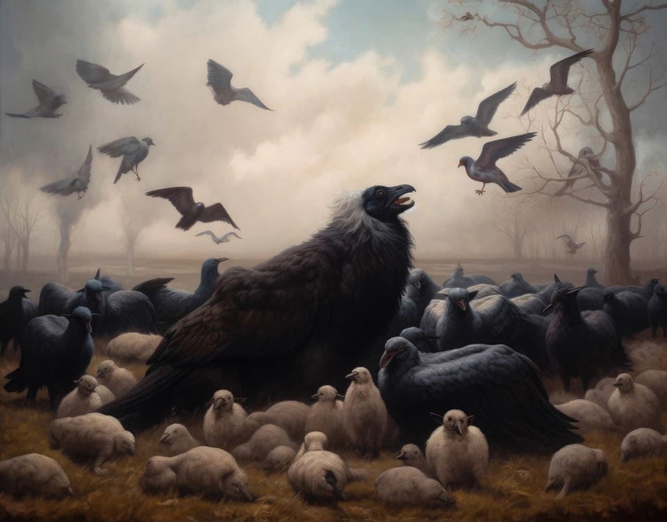 Sheep surrounded by crows in a symbolic 19th-century-style scene, muted palette and hazy light, Midjourney V5