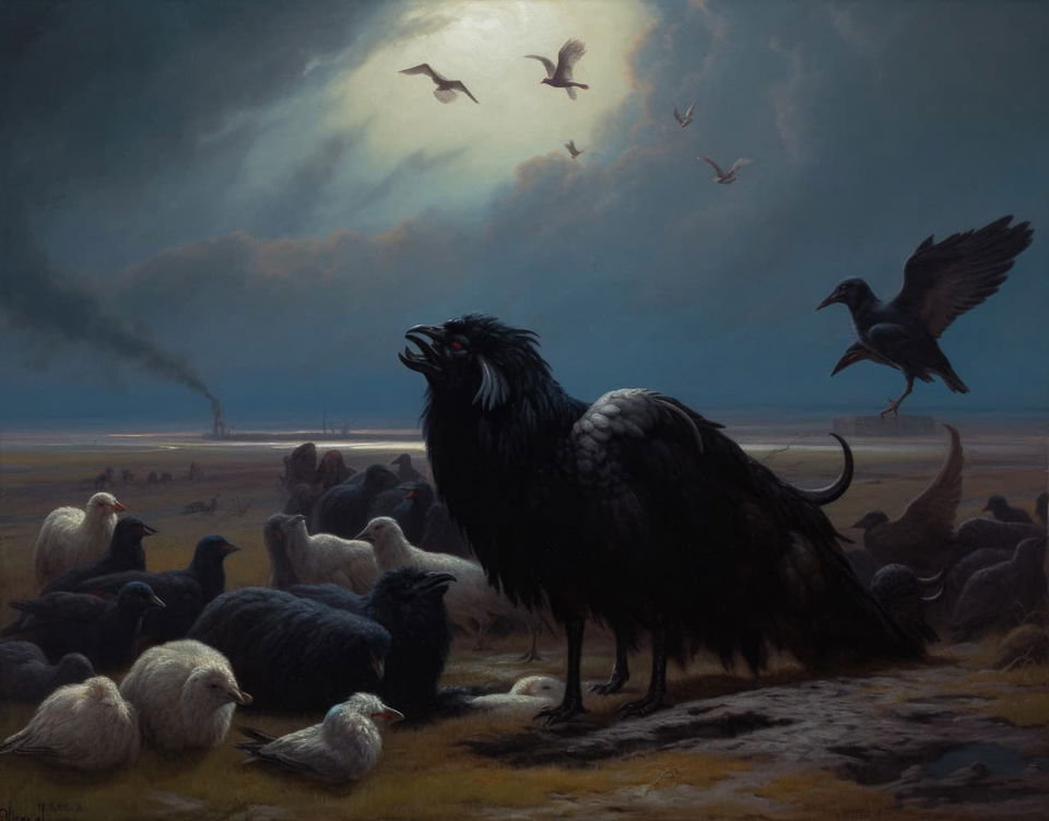 A black sheep surrounded by crows and white sheep in a dark, sorrowful oil painting, Midjourney V5