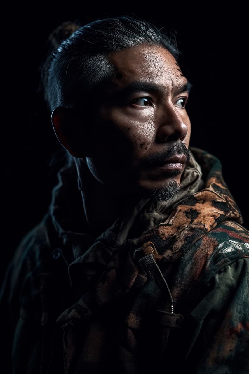 Indigenous man in camouflage, hyper-realistic photography with cinematic low-key lighting, Midjourney V5