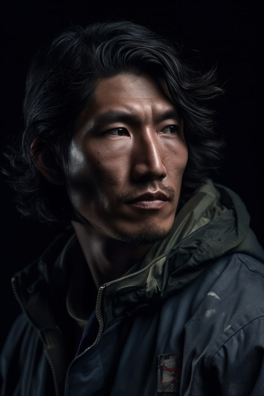 Close-up portrait of a man in a jacket, realistic photography with dark tones and dramatic lighting, Midjourney V5