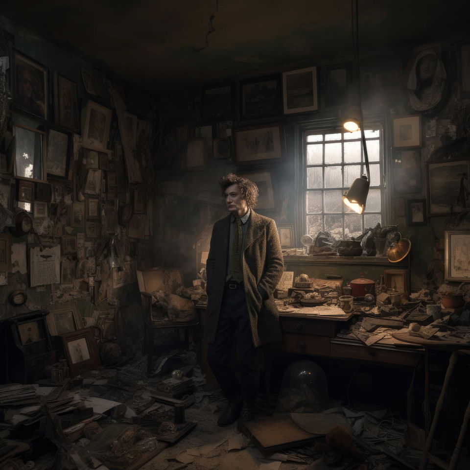 Man standing in a cluttered room, moody industrial photography and warm window light, Midjourney V5