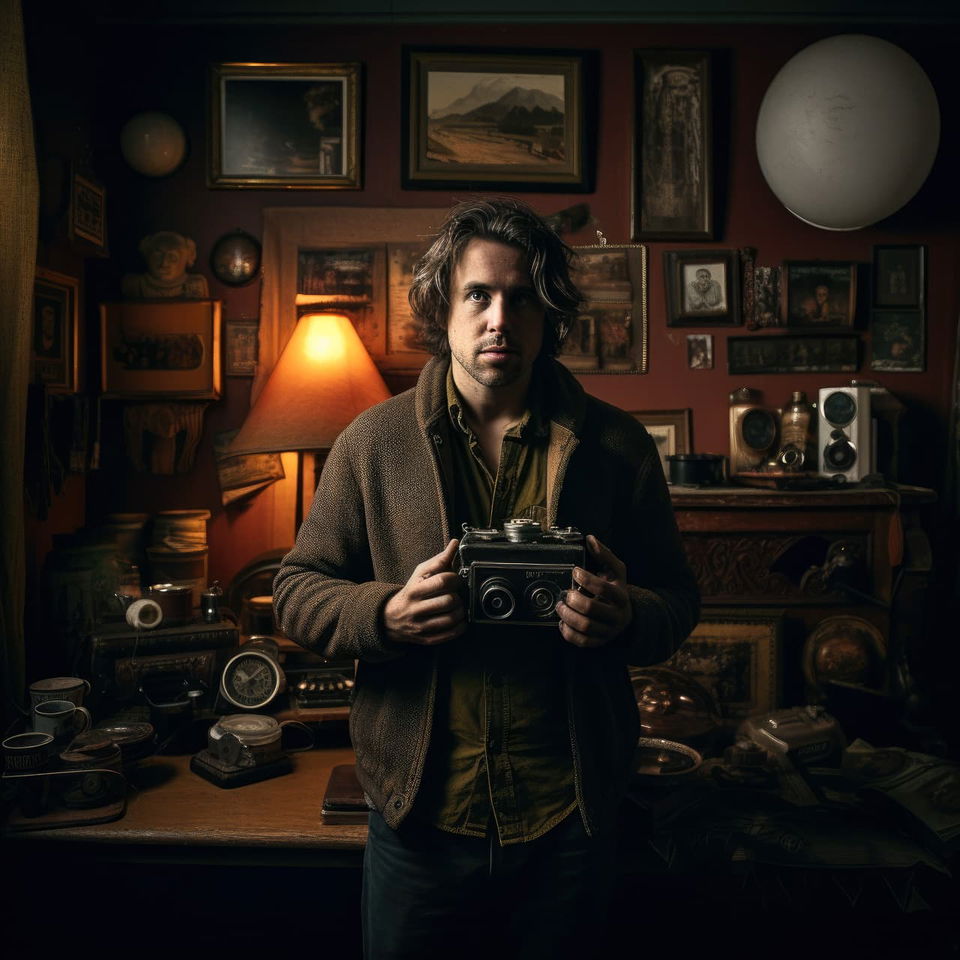 Man holding a vintage camera, handcrafted tabletop portrait with warm dramatic soft lighting, Midjourney V5