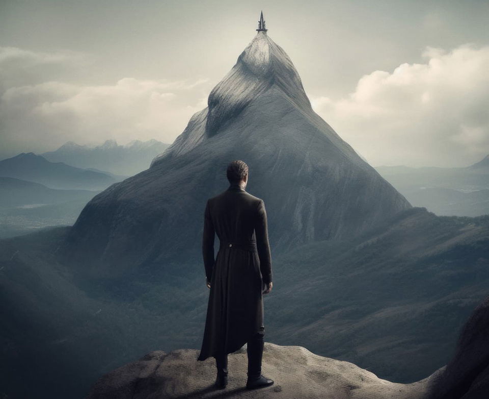 Man in a long black coat facing a mountain, neo-classical symmetry and muted cinematic light, Midjourney V5