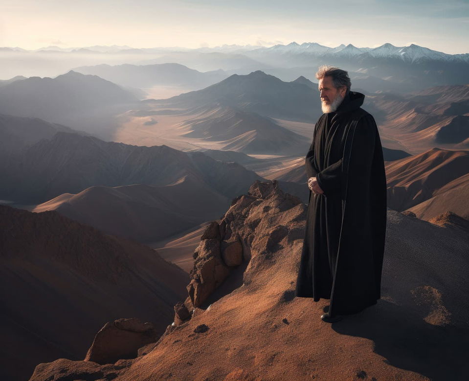 Man in a black monk’s robe atop a mountain, photorealistic, warm morning light, muted earth tones, Midjourney V5