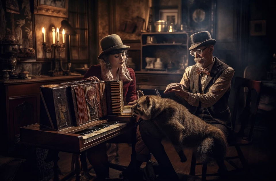 Musician and bearded man with a dog in a candlelit, sepia-toned historical tabletop scene, Midjourney V5