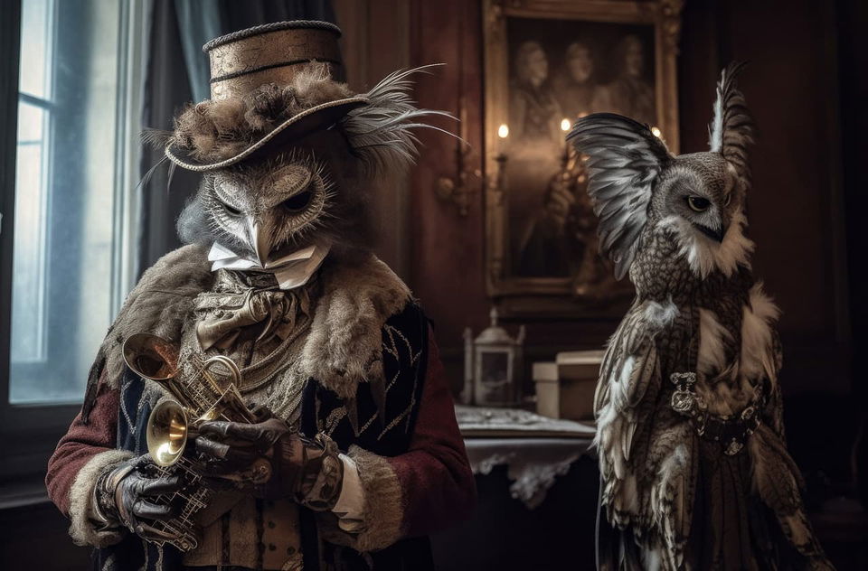 Owl-like figures in steampunk costumes, cinematic studio portrait with warm, moody lighting, Midjourney V5