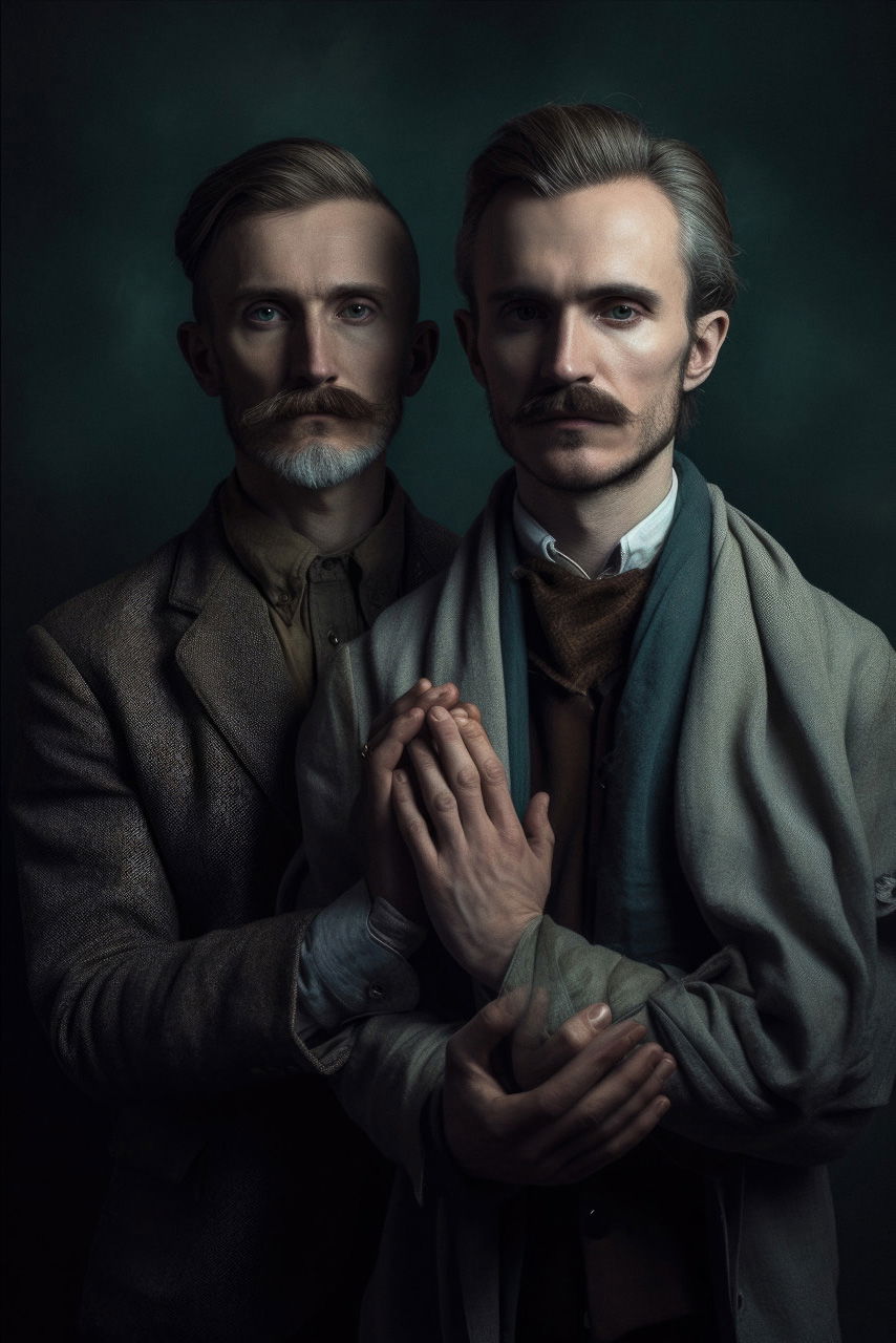 Two mustached men pose closely in a dark, neo-classical portrait with muted teal and gray lighting, Midjourney V5
