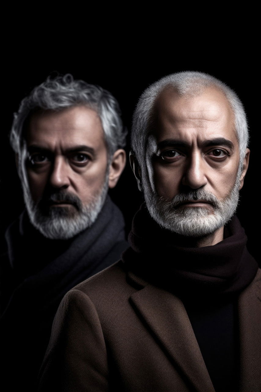 Two bearded men in dark coats, a dramatic low-key studio portrait against black, Midjourney V5