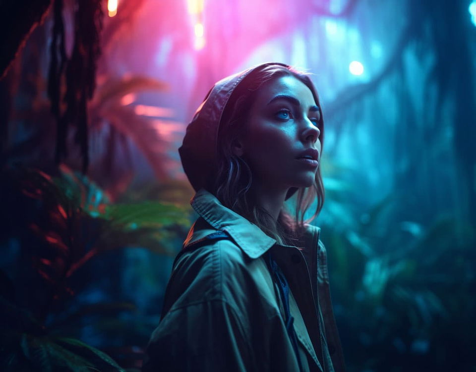 Woman in a misty jungle, cinematic digital art with vivid pink and cyan lighting, Midjourney V5