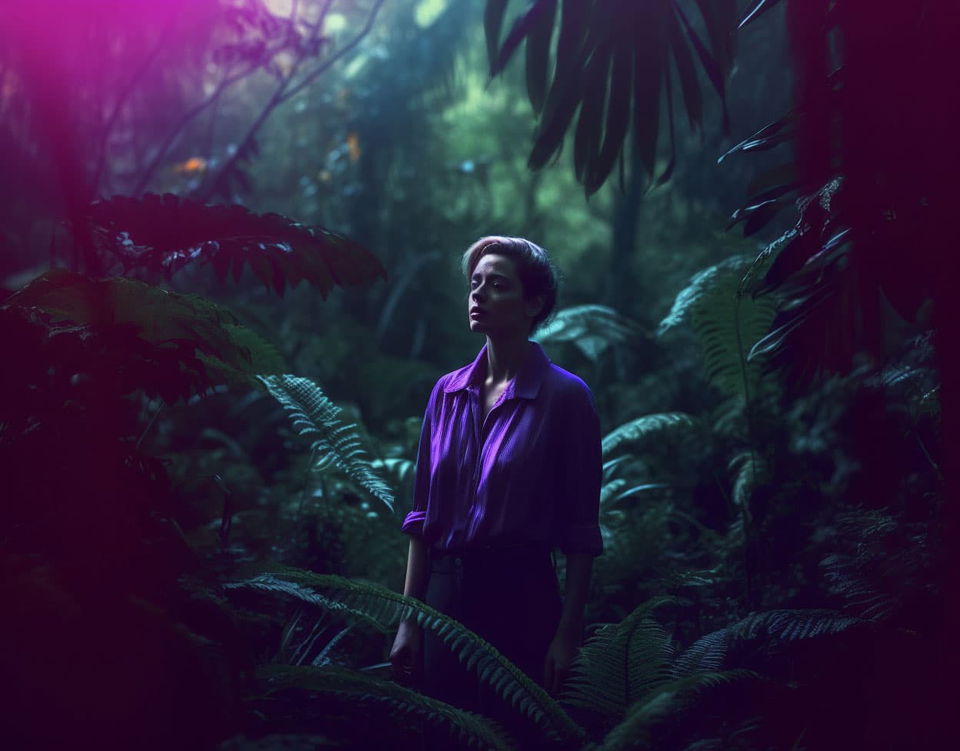 Woman standing in a lush jungle, cinematic film-still lighting with purple neon tones, Midjourney V5