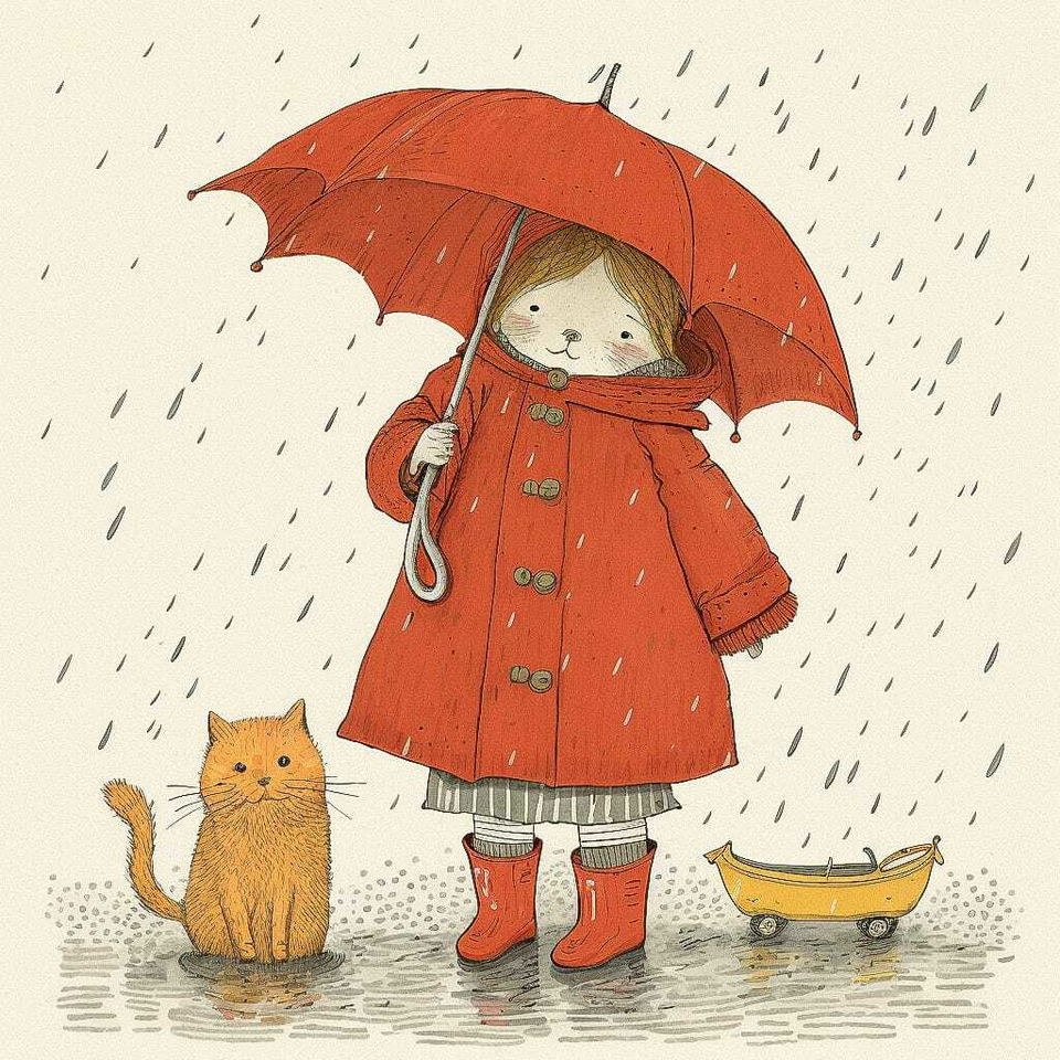 Sophie Blackall illustration of child in red raincoat with umbrella, cat beside, rain falling, Midjourney prompt engineering, preschool storytelling.