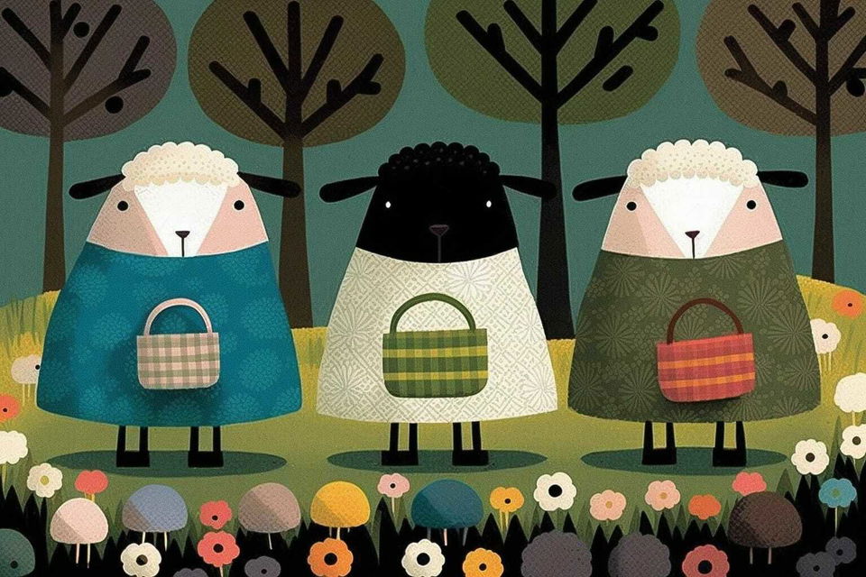 Midjourney prompt for sheep illustration inspired by Mary Blair, featuring colorful characters, educational storytelling, and visual learning techniques.