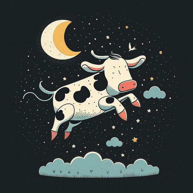 Cow jumping over moon illustration, Midjourney prompt engineering, preschool storytelling, character design, educational art styles.