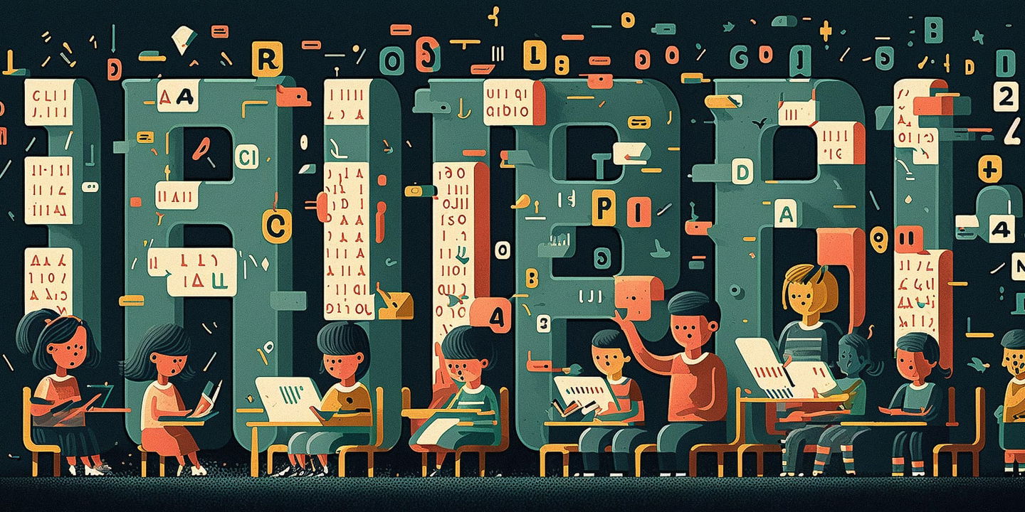 Naive art illustration of kids studying alphabet with Midjourney AI prompt engineering techniques for preschool education.