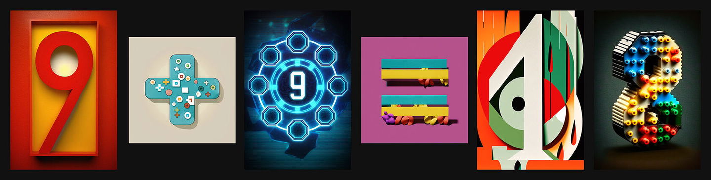 Midjourney prompt examples for number visualization: creative representations of 9, 4, 8, and mathematical symbols for preschool education.