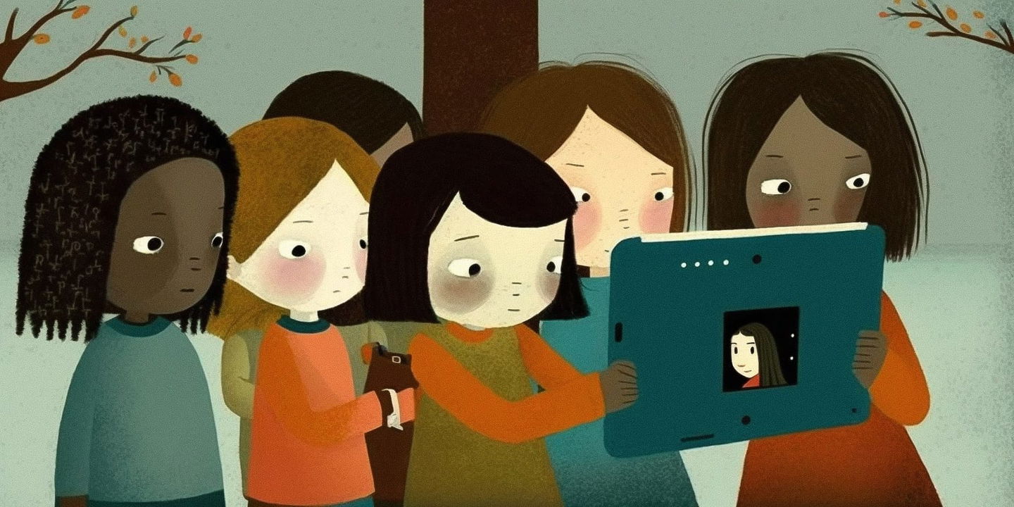 Illustration of preschoolers engaging with Midjourney AI text-to-image prompt on a tablet, exploring creativity and storytelling.