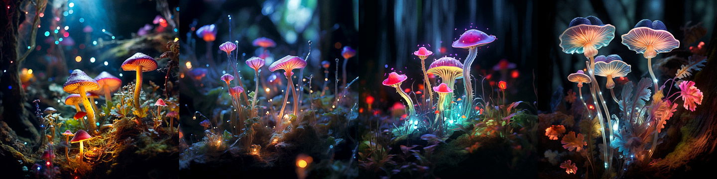 Luminescent moss and colorful mushrooms in a dark forest, glowing with vivid neon light, Midjourney V5.2