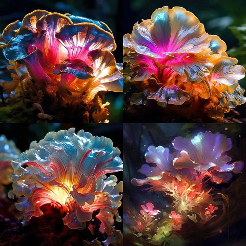 Four luminous fantasy flowers with translucent petals, vivid neon colors, and dramatic dark lighting